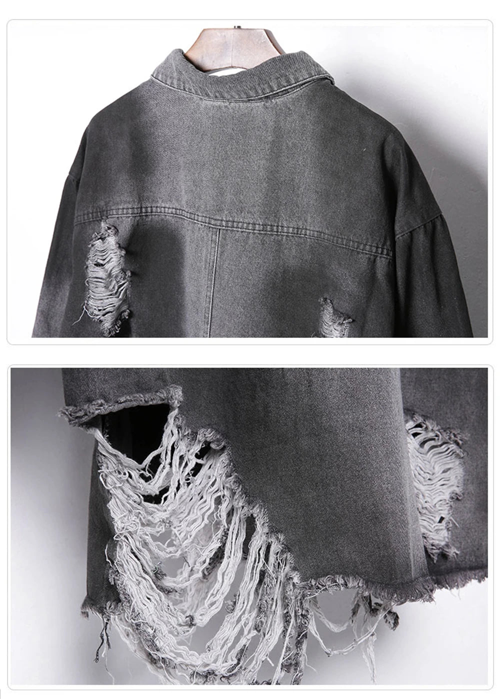 VOIDWEAR VDR_SIGNAL_07 Ritual Jacket — distressed long denim coat with ripped holes, glyph detailing, and loose high-street fit.
