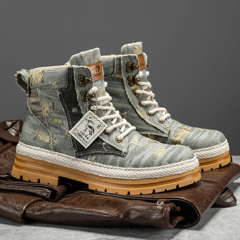 SIGNAL-VANISH-07 | Men's Denim Leather Ankle Boots-VOIDWEAR™