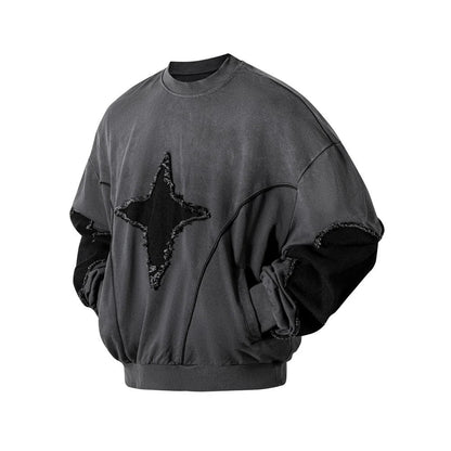 VOIDWEAR SIGNAL_BURR_07 ☰ long sleeve worn in Berlin underpass; star patchwork visible across chest, matte lighting accentuating texture