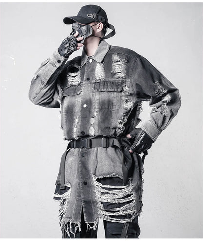 VOIDWEAR VDR_SIGNAL_07 Ritual Jacket — distressed long denim coat with ripped holes, glyph detailing, and loose high-street fit.