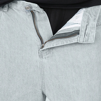 VOIDWEAR VDR_VANISH_01 ☰ hybrid overalls-style baggy jeans, distressed light denim, glyph tab signal detailing, streetwear silhouette