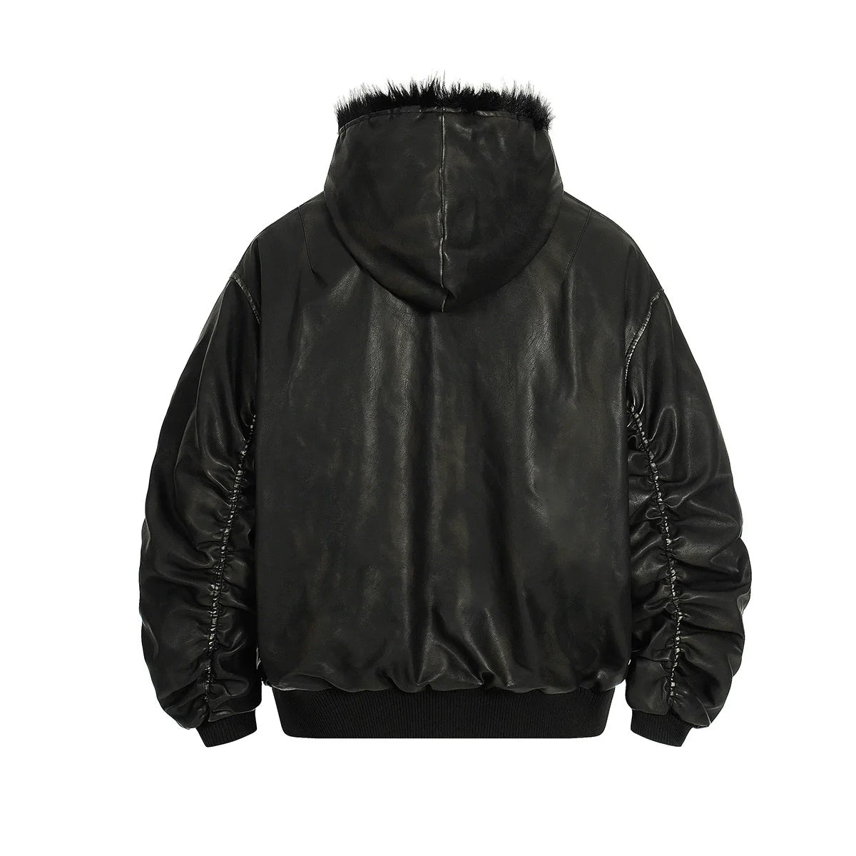 VOIDWEAR SIGNAL_FURCODE_07 ☰ PU leather fur-collar parka photographed in Berlin winter street — hood up, glyph visible near zipper seam.