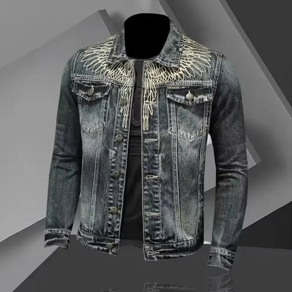 VOIDWEAR SIGNAL_FRAME_07 ☰ slim-fit denim jacket shown in Seoul night street scene, minimalist structure visible under urban light
