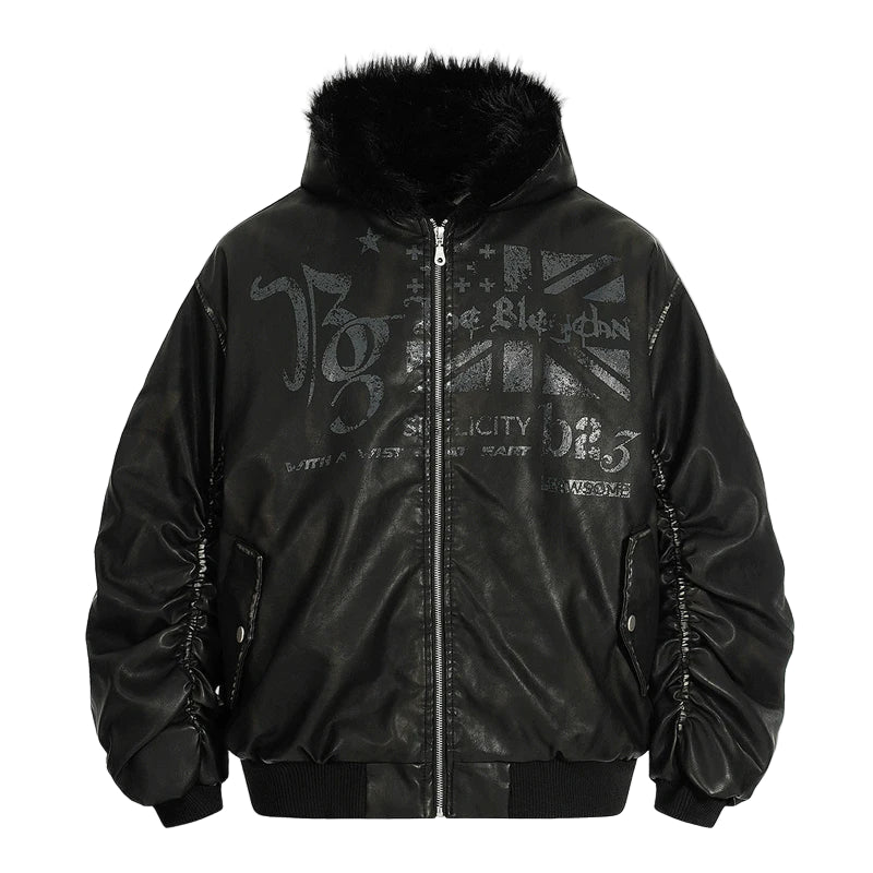 VOIDWEAR SIGNAL_FURCODE_07 ☰ PU leather fur-collar parka photographed in Berlin winter street — hood up, glyph visible near zipper seam.