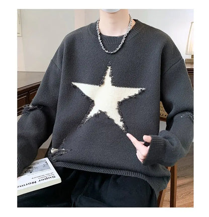 VOIDWEAR SIGNAL_AETHER_07 ☰ five-star knit sweater worn in Tokyo night street; geometric pattern glowing under neon light