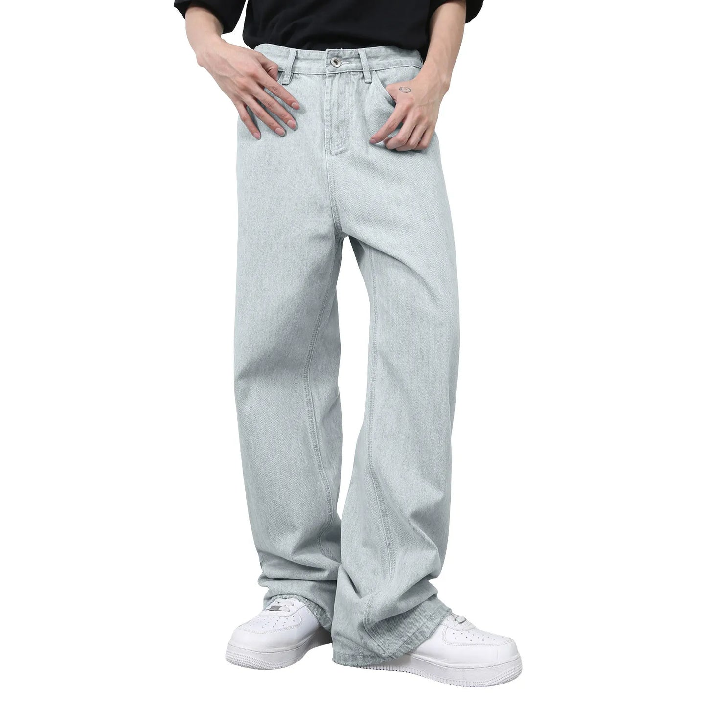 VOIDWEAR VDR_VANISH_01 ☰ hybrid overalls-style baggy jeans, distressed light denim, glyph tab signal detailing, streetwear silhouette