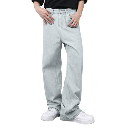 VOIDWEAR VDR_VANISH_01 ☰ hybrid overalls-style baggy jeans, distressed light denim, glyph tab signal detailing, streetwear silhouette
