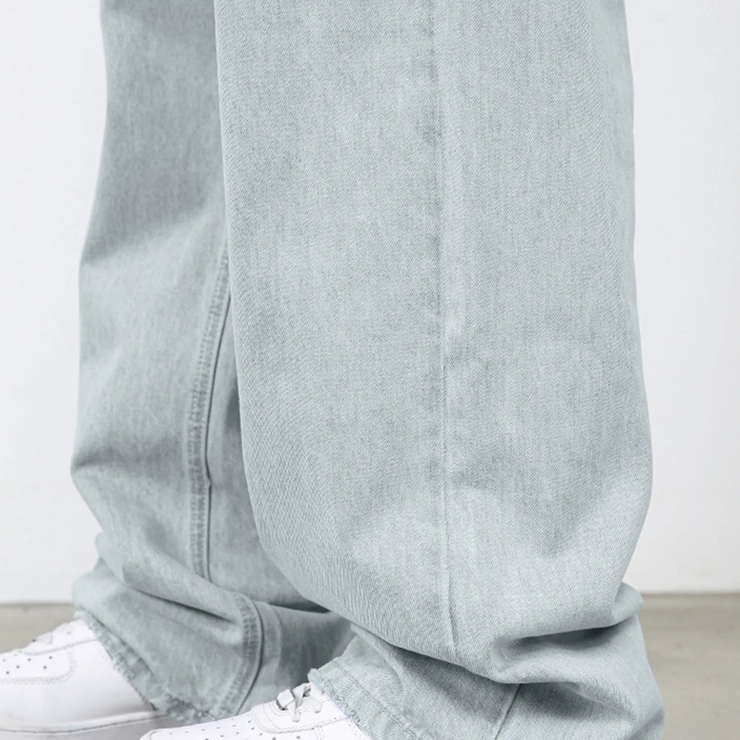 VOIDWEAR VDR_VANISH_01 ☰ hybrid overalls-style baggy jeans, distressed light denim, glyph tab signal detailing, streetwear silhouette