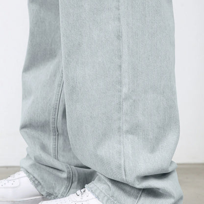 VOIDWEAR VDR_VANISH_01 ☰ hybrid overalls-style baggy jeans, distressed light denim, glyph tab signal detailing, streetwear silhouette