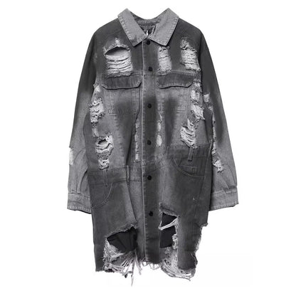VOIDWEAR VDR_SIGNAL_07 Ritual Jacket — distressed long denim coat with ripped holes, glyph detailing, and loose high-street fit.