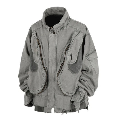VOIDWEAR VDR_SHDW_07 washed flight jacket in dark punk style with ritual-inspired glyph details for spring/autumn streetwear. Gray jacket with multiple pockets on a white background