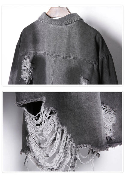 VOIDWEAR VDR_SIGNAL_07 Ritual Jacket — distressed long denim coat with ripped holes, glyph detailing, and loose high-street fit.