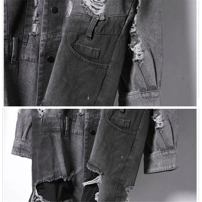 VOIDWEAR VDR_SIGNAL_07 Ritual Jacket — distressed long denim coat with ripped holes, glyph detailing, and loose high-street fit.