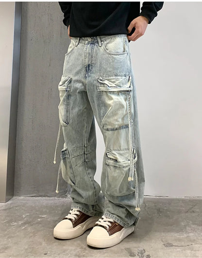 VOIDWEAR SIGNAL_CITY_09 ☰ cargo denim worn in Tokyo side street, multi-pocket structure visible under urban light.