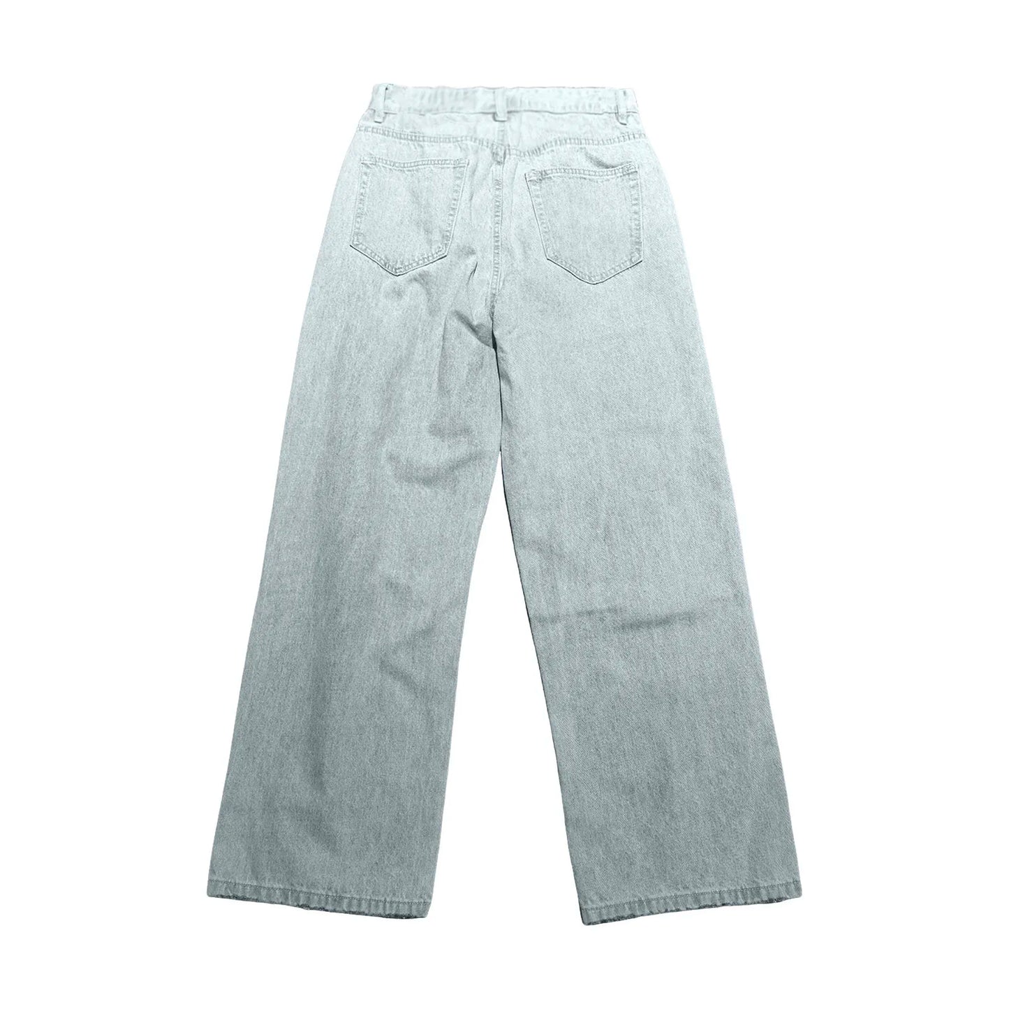 VOIDWEAR VDR_VANISH_01 ☰ hybrid overalls-style baggy jeans, distressed light denim, glyph tab signal detailing, streetwear silhouette