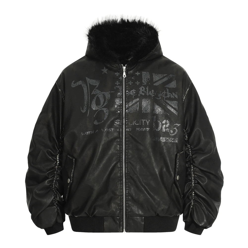 VOIDWEAR SIGNAL_FURCODE_07 ☰ PU leather fur-collar parka photographed in Berlin winter street — hood up, glyph visible near zipper seam.