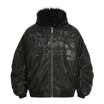 VOIDWEAR SIGNAL_FURCODE_07 ☰ PU leather fur-collar parka photographed in Berlin winter street — hood up, glyph visible near zipper seam.