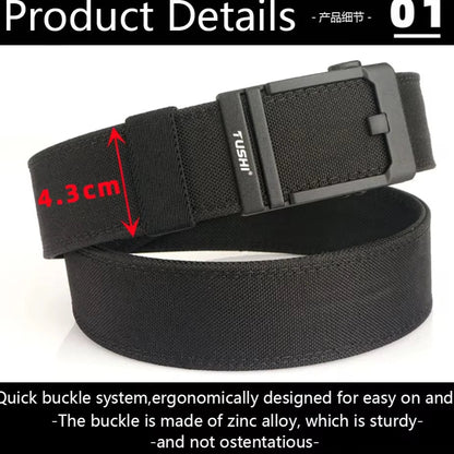 Close-up detail of automatic buckle on Voidwear SC//12 belt showing nylon weave
