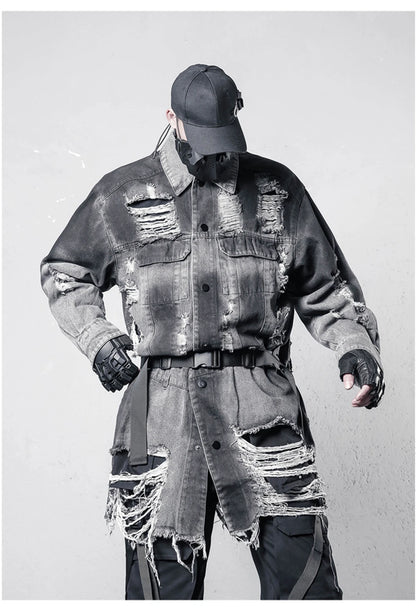 VOIDWEAR VDR_SIGNAL_07 Ritual Jacket — distressed long denim coat with ripped holes, glyph detailing, and loose high-street fit.