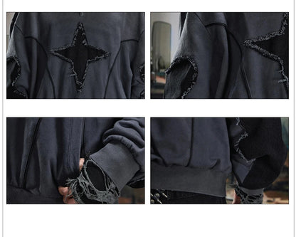 VOIDWEAR SIGNAL_BURR_07 ☰ long sleeve worn in Berlin underpass; star patchwork visible across chest, matte lighting accentuating texture