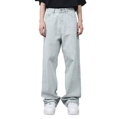 VOIDWEAR VDR_VANISH_01 ☰ hybrid overalls-style baggy jeans, distressed light denim, glyph tab signal detailing, streetwear silhouette