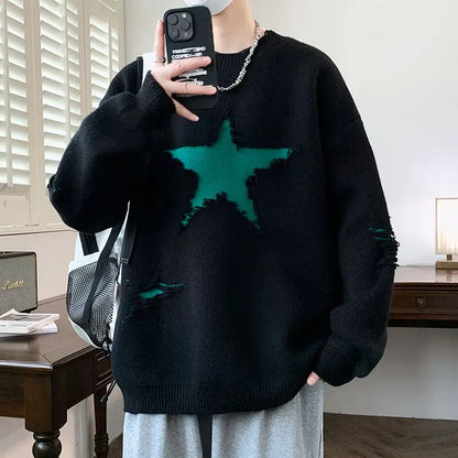 VOIDWEAR SIGNAL_AETHER_07 ☰ five-star knit sweater worn in Tokyo night street; geometric pattern glowing under neon light