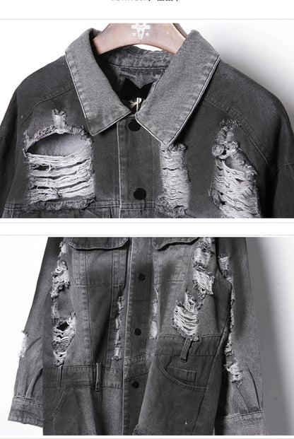 VOIDWEAR VDR_SIGNAL_07 Ritual Jacket — distressed long denim coat with ripped holes, glyph detailing, and loose high-street fit.