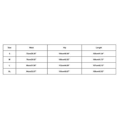 Measurement chart for clothing sizes S, M, L, XL with waist, hip, and length dimensions.
