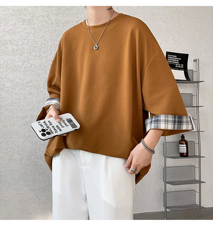 GRIDFORM_02 Oversized Plaid Cuff Tee-VOIDWEAR™