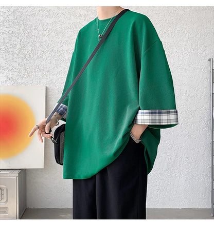 GRIDFORM_02 Oversized Plaid Cuff Tee-VOIDWEAR™