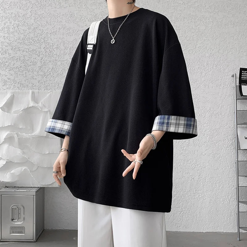 GRIDFORM_02 Oversized Plaid Cuff Tee-VOIDWEAR™