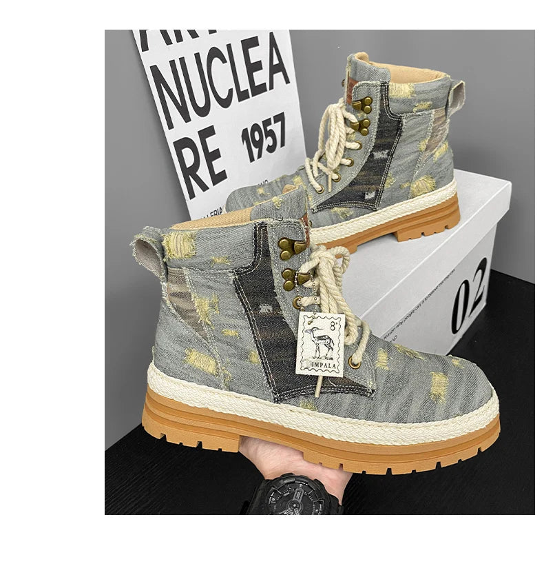 SIGNAL-VANISH-07 | Men's Denim Leather Ankle Boots-VOIDWEAR™
