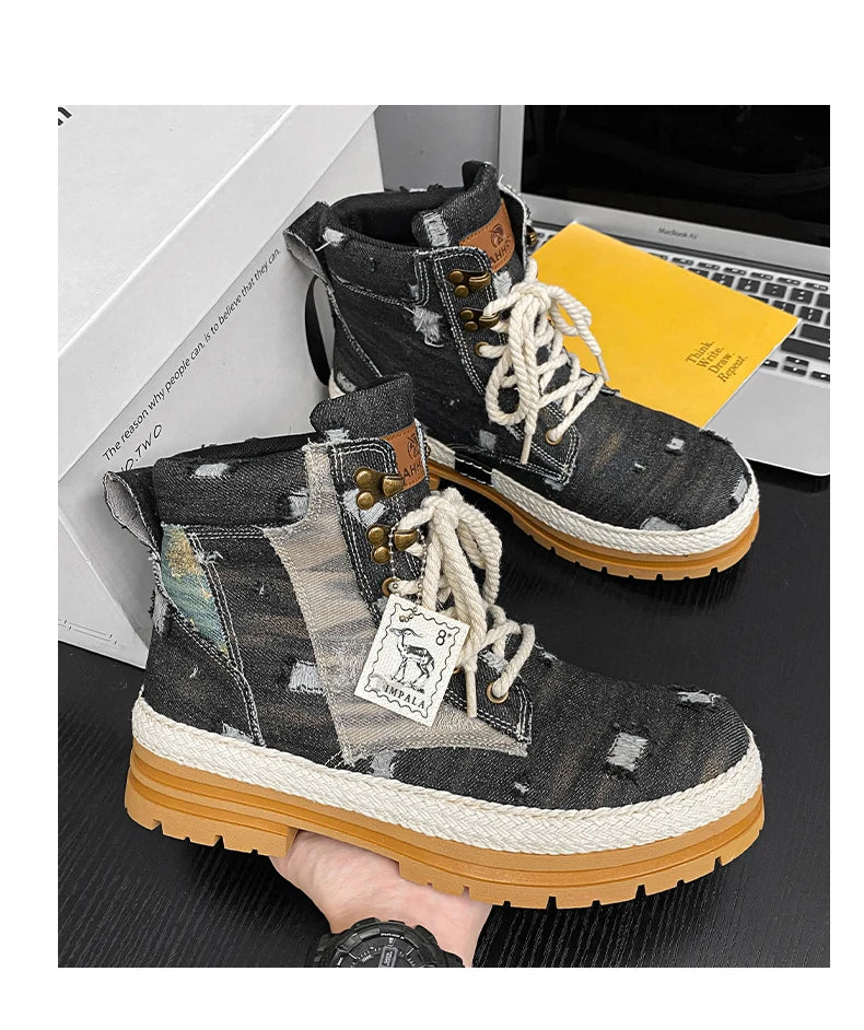 SIGNAL-VANISH-07 | Men's Denim Leather Ankle Boots-VOIDWEAR™
