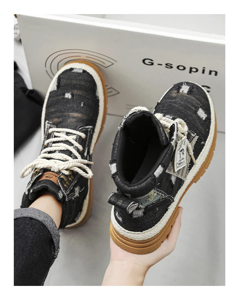 SIGNAL-VANISH-07 | Men's Denim Leather Ankle Boots-VOIDWEAR™