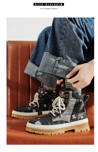 SIGNAL-VANISH-07 | Men's Denim Leather Ankle Boots-VOIDWEAR™