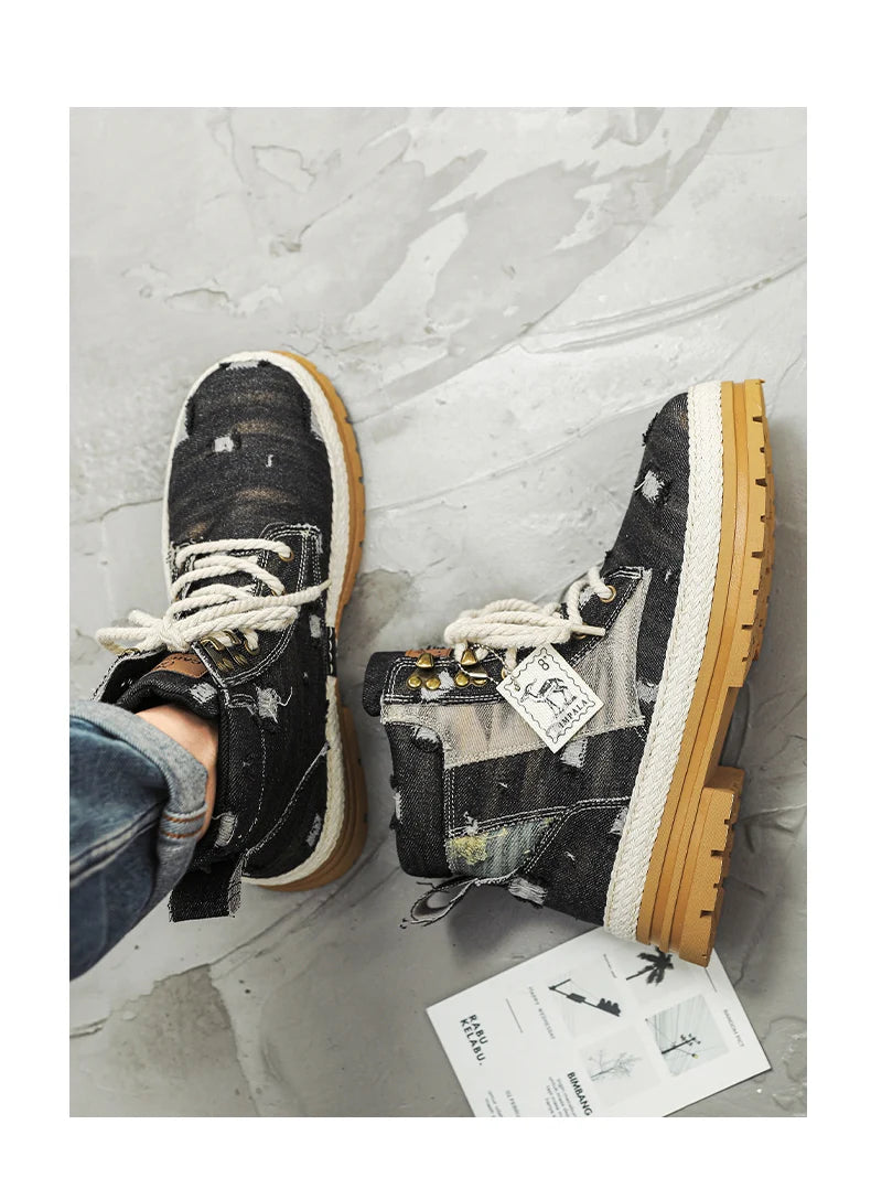 SIGNAL-VANISH-07 | Men's Denim Leather Ankle Boots-VOIDWEAR™