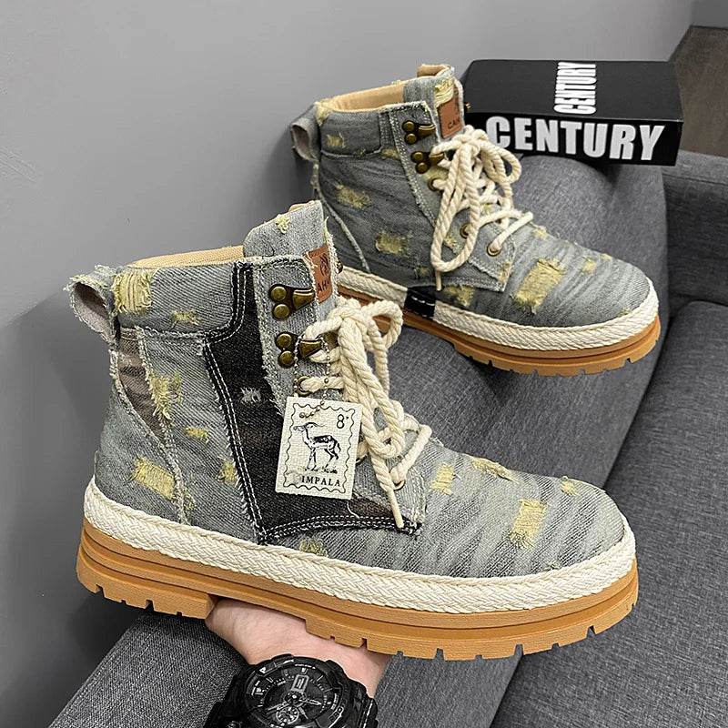 SIGNAL-VANISH-07 | Men's Denim Leather Ankle Boots-VOIDWEAR™