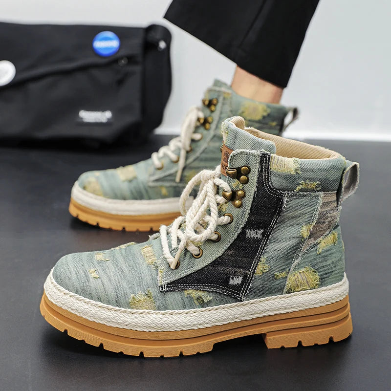 SIGNAL-VANISH-07 | Men's Denim Leather Ankle Boots-VOIDWEAR™