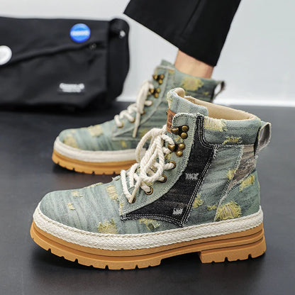 SIGNAL-VANISH-07 | Men's Denim Leather Ankle Boots-VOIDWEAR™