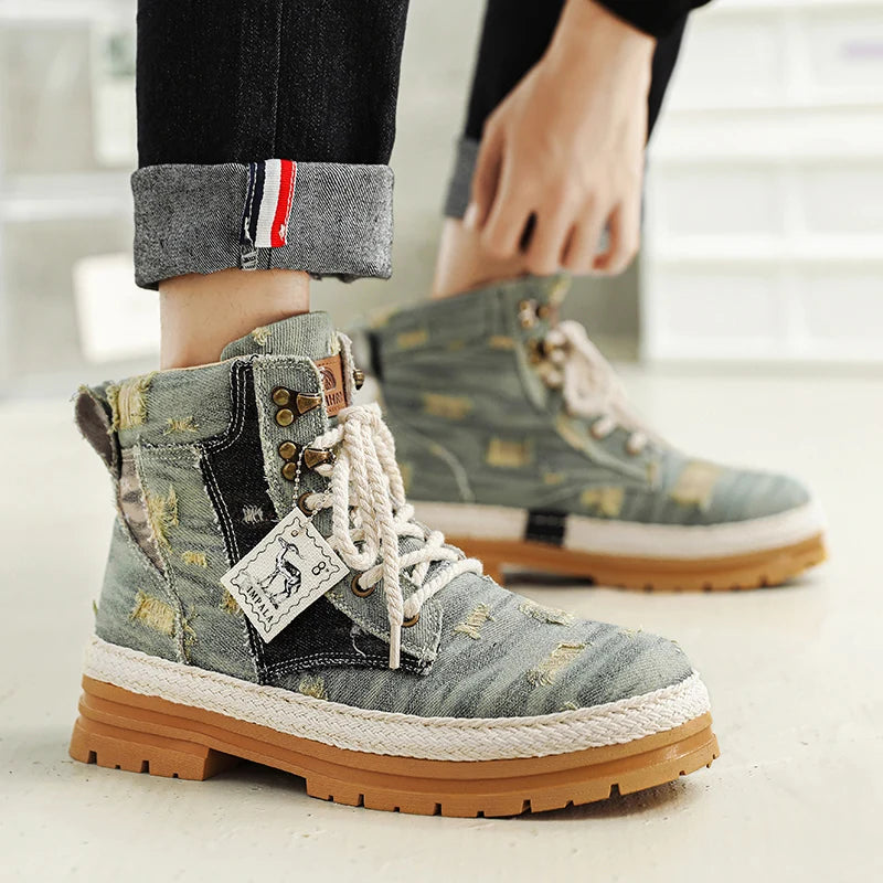 SIGNAL-VANISH-07 | Men's Denim Leather Ankle Boots-VOIDWEAR™