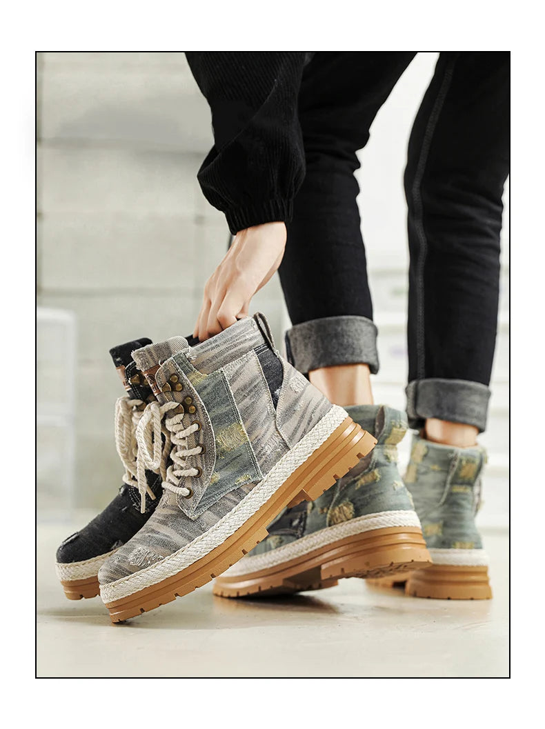 SIGNAL-VANISH-07 | Men's Denim Leather Ankle Boots-VOIDWEAR™