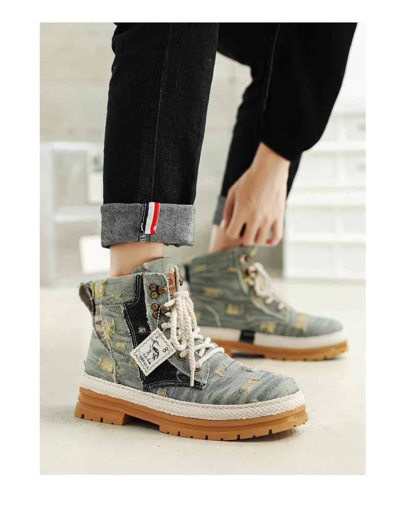 SIGNAL-VANISH-07 | Men's Denim Leather Ankle Boots-VOIDWEAR™