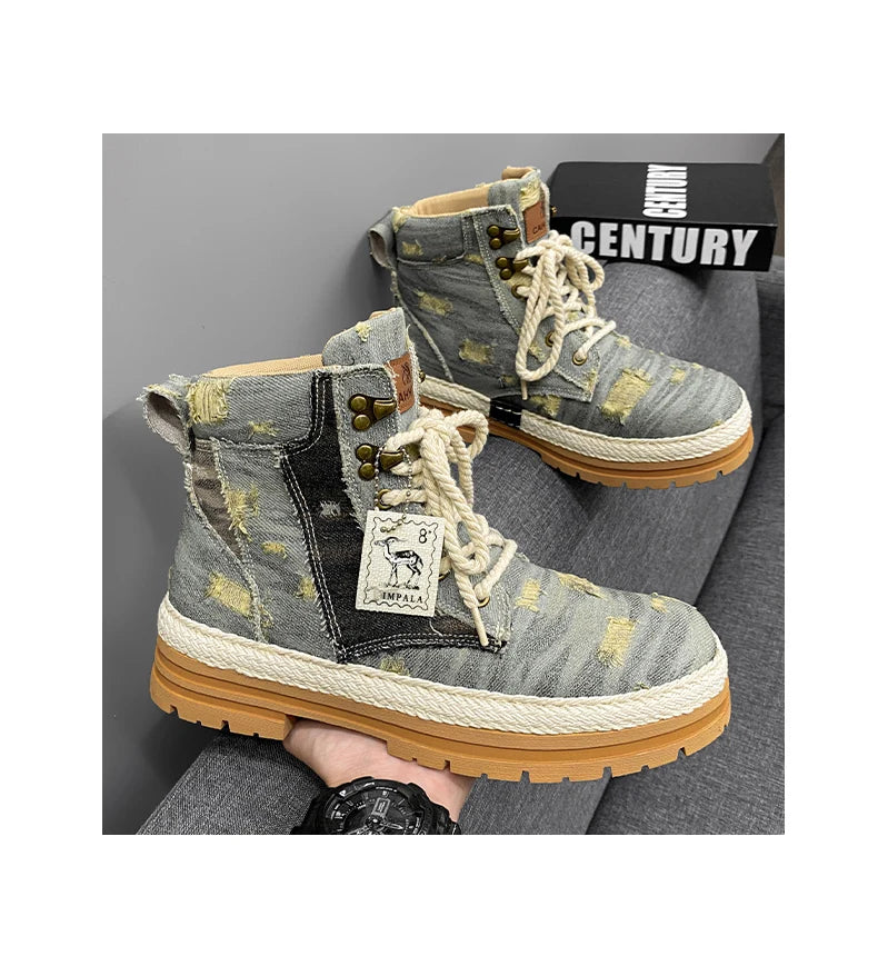 SIGNAL-VANISH-07 | Men's Denim Leather Ankle Boots-VOIDWEAR™