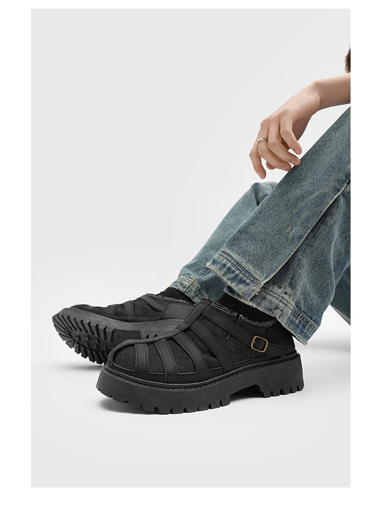 SIGNAL_12 ☰ Black Caged Split Leather Shoes-VOIDWEAR™
