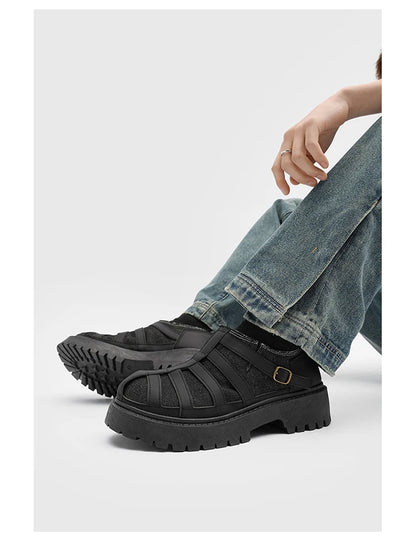 SIGNAL_12 ☰ Black Caged Split Leather Shoes-VOIDWEAR™