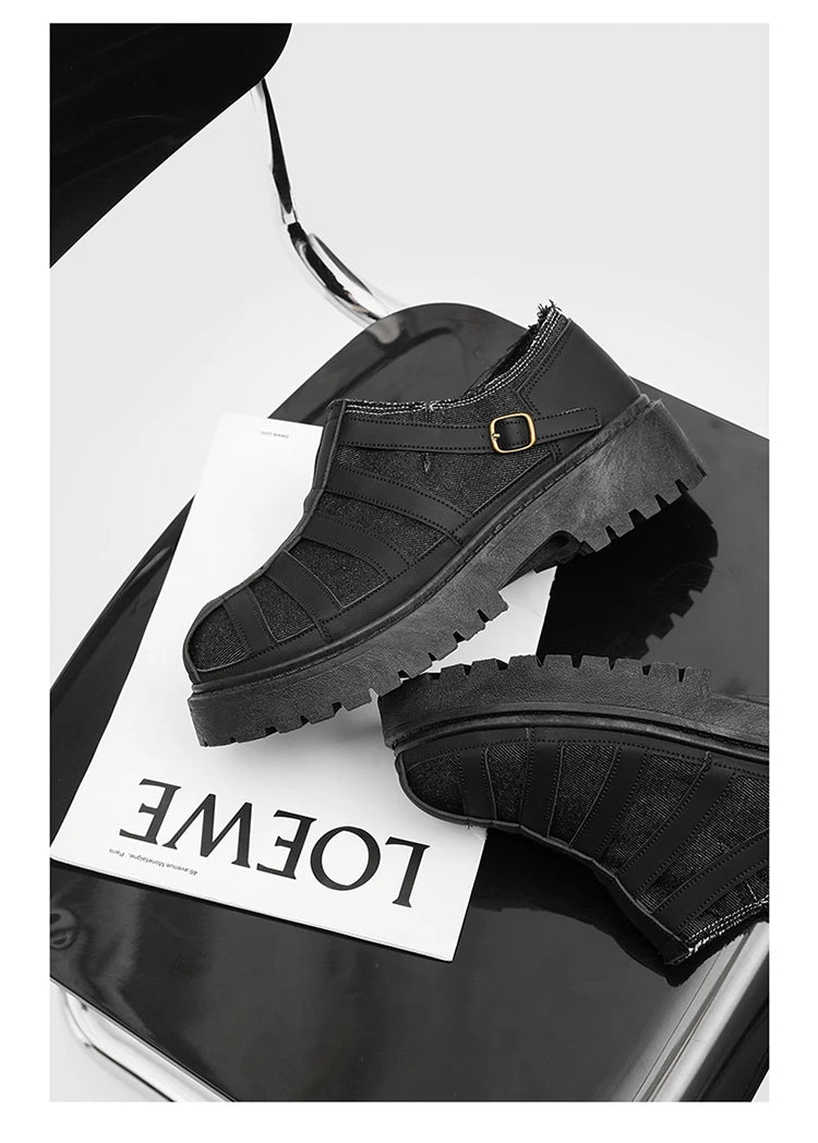 SIGNAL_12 ☰ Black Caged Split Leather Shoes-VOIDWEAR™