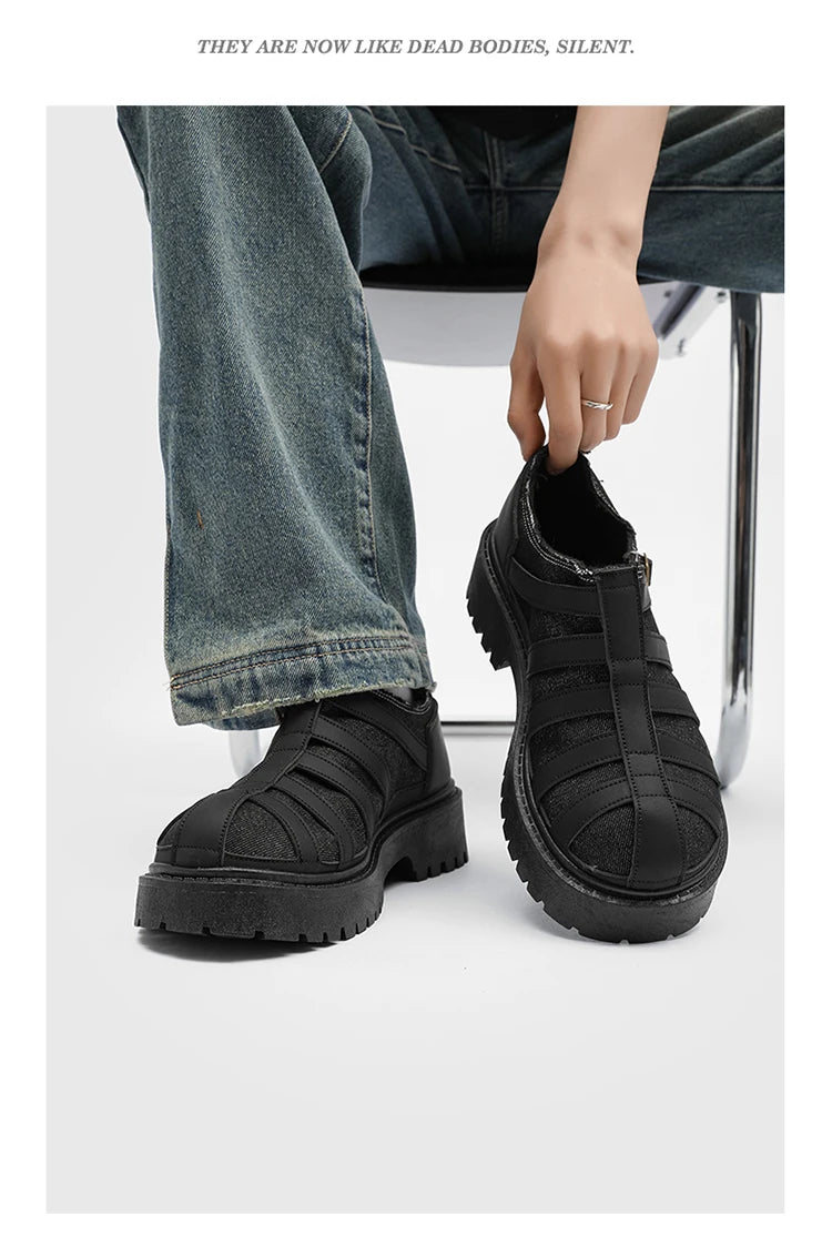 SIGNAL_12 ☰ Black Caged Split Leather Shoes-VOIDWEAR™