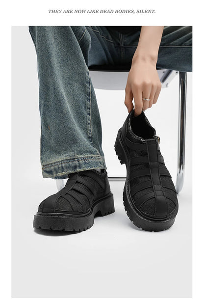 SIGNAL_12 ☰ Black Caged Split Leather Shoes-VOIDWEAR™