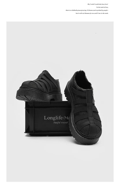 SIGNAL_12 ☰ Black Caged Split Leather Shoes-VOIDWEAR™