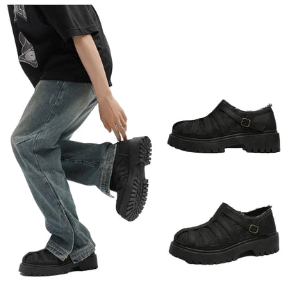 SIGNAL_12 ☰ Black Caged Split Leather Shoes-VOIDWEAR™